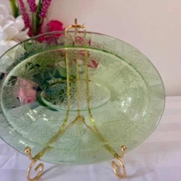 Green Depression Glass Oval Bowl Floral‎ Etched Vintage Swirl Scallop Rim - Picture 5 of 6